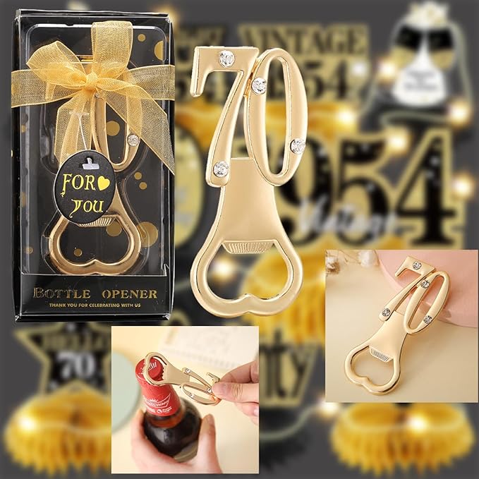 Baseo 24 Pack Gold 70th Bottle Opener Birthday Favors 70th Birthday Party Favors 70th Gold Birthday Party Gifts 70th Birthday Party Souvenirs or Decorations for Guests (Black Gold 70)