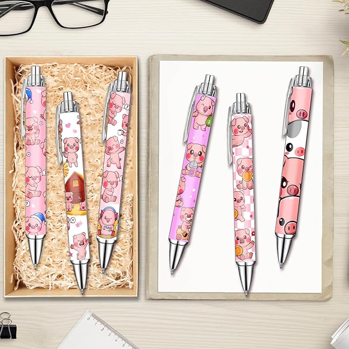 Idealmuzik Pink Pig Pens Set – Cute Piggy Gel Pens for Animal Lovers – Fun Writing Stationery Gift for Office, or Journaling – New Year Gifts, 6 Pack