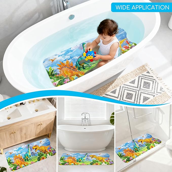Baby Bath Mat for Tub, Non Slip Kids Bath Shower Mat, 40 X 16 Inch Large Bathtub Mat with Drain Holes and Suction Cups for Toddlers, Machine Washable and Waterproof (Dinosaur)