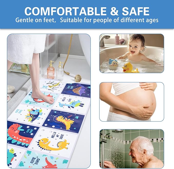Kids Bath Mat with Ocean Theme Design, 40x16 inches, Non-Slip with 200 Suction Cups, Cartoon Sea Animals Pattern (Dinosaur, 40 * 16in)