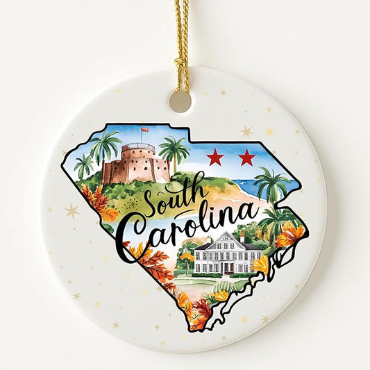 USA State Landmark Ceramic Ornament – Round Glossy Christmas Decoration Featuring U.S. State Art, Landmarks & Holiday Scenery – Collectible Travel Souvenir Ornament Series (South Carolina)