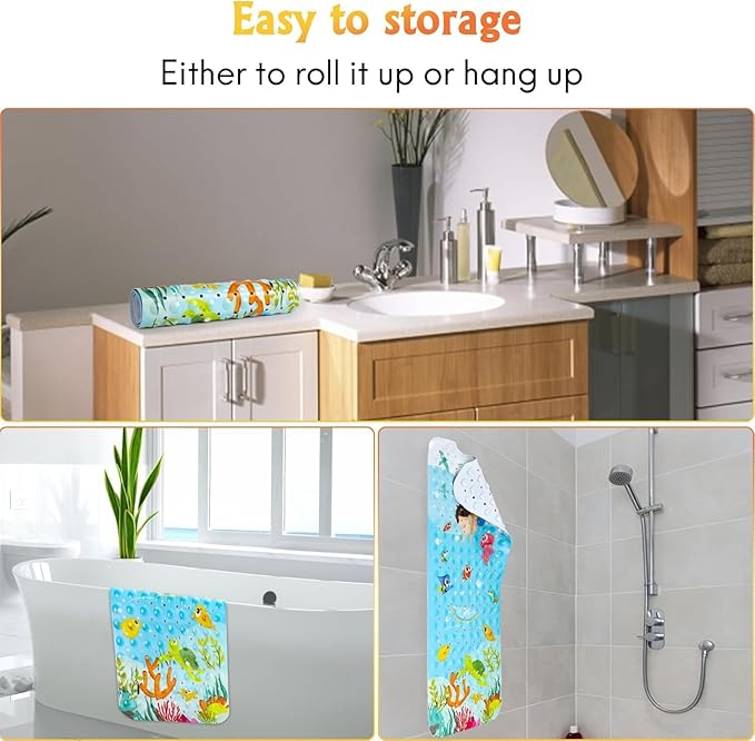 Bath Mat for Tub Non Slip, Machine Washable Anti Slip Cartoon Baby Bathtub Shower Mat with Drain Holes and Suction Cups for Toddler & Kids, 40 Inch x 16 Inch-Rectangular, Swimming Kids