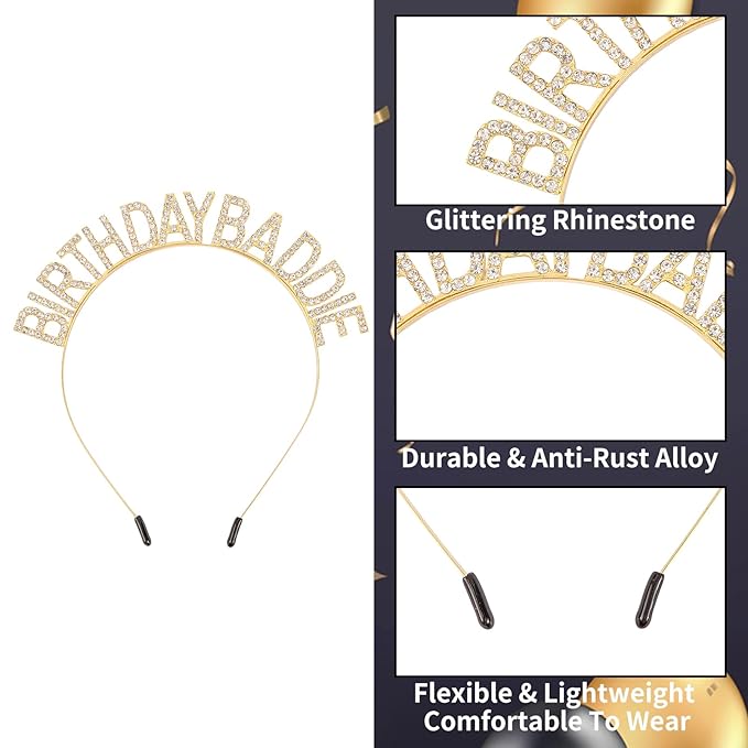 Canitor Birthday Baddie Sash Crown Set Birthday Gifts Party Favors Supplies Decorations & Accessories for Women Girl Adult Dress Outfits Rhinestone Tiara Headband Soft Satin Sash