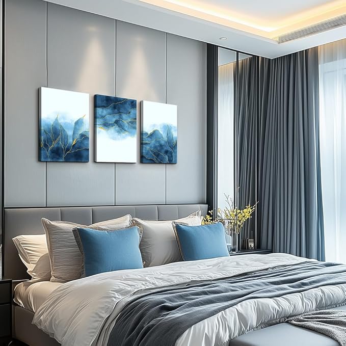 Abstract Canvas Wall Art For Living Room, Bedroom, Office Decoration - Gray Blue Canvas Pictures, Modern Home Decor - 16x12 Inch/ 3 Piece