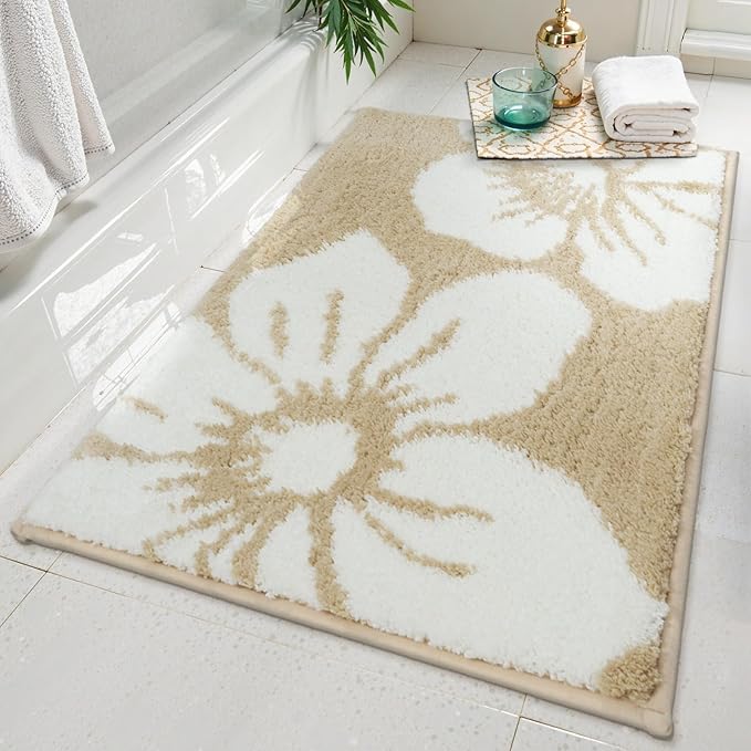 Uphome Bath Mats for Bathroom, 18x26 Modern Floral Bathroom Rug Non Slip, Soft Machine Washable Absorbent Quick Dry Bathroom Mat for Tub, Shower, Floor (Beige)