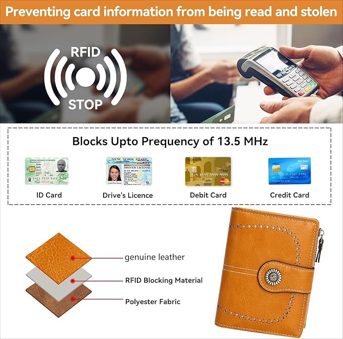 Women's Small Genuine Leather Bifold Wallet Large Capacity RFID Blocking with 16 Card Slots 2 ID Windows and Zipper Coin Pocket Pink (Yellow)