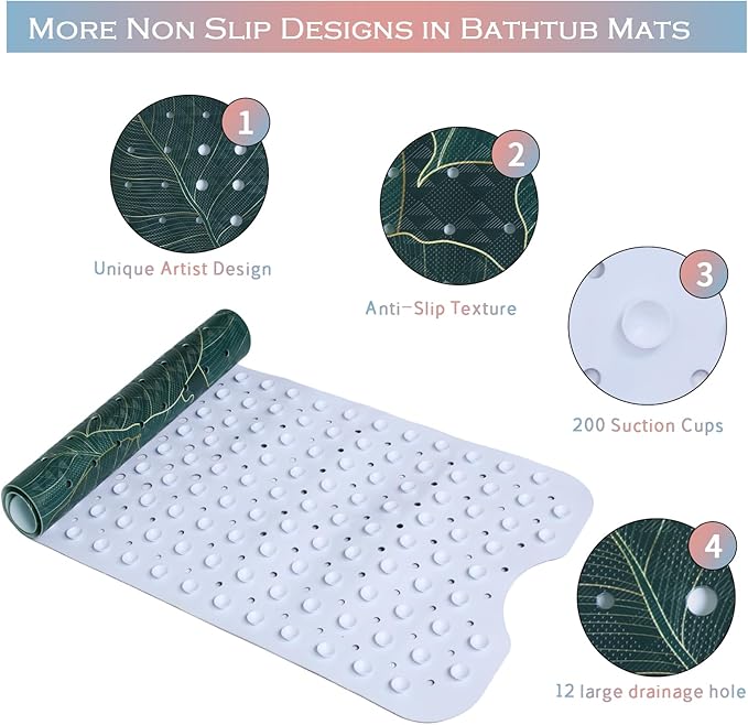 Palm Leaves Bathtub Mat Non Slip 40x16in Palm Leaf Extra Long Bath Mat for Tub Tropical Banana Leaf Plant Anti Slip Shower Mat for Bathroom with Large Drain Holes Suction Cups Quality Bath Mats Decor