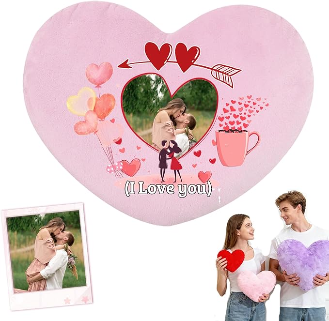 Custom Heart Pillow with Photo Text, Personalized Heart Shaped Pillow with Insert as Valentine Pillows Home Decor Personalized Gifts for Husband Wife Kids Family on Valentines Day Anniversary