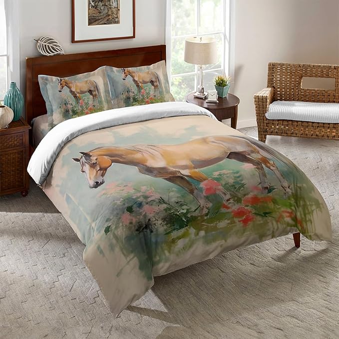 Girls Horse Comforter Sets Full Size,Retro Floral Bedding Wild Animal Galloping Horse Quilt Sets for Kids Teens 3 Pieces Sets with Pillowcases Bedroom Decor