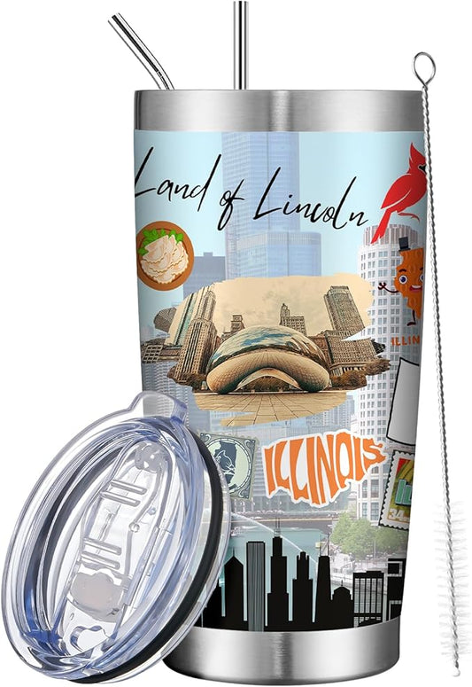 20oz Insulated Tumbler Illinois State Coffee Mug, United States Map Travel Mug Landmark, Birthday Gifts Cute Custom Tumbler Cups with Lid and Straw Mothers Day Gifts