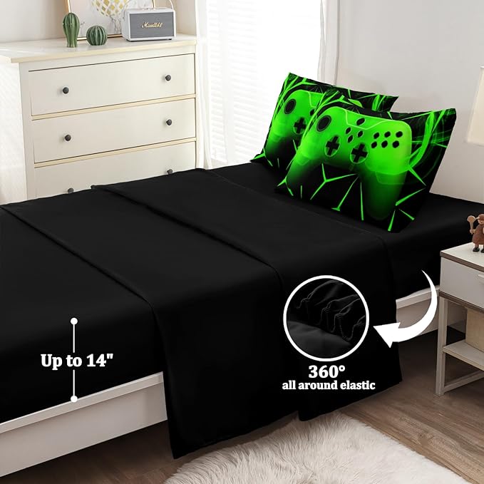 6Pcs Gaming Comforter Sets for Boys, Cool Green Lightnings Bed in A Bag Full Size Gamer Bedding Set for Boys Kids