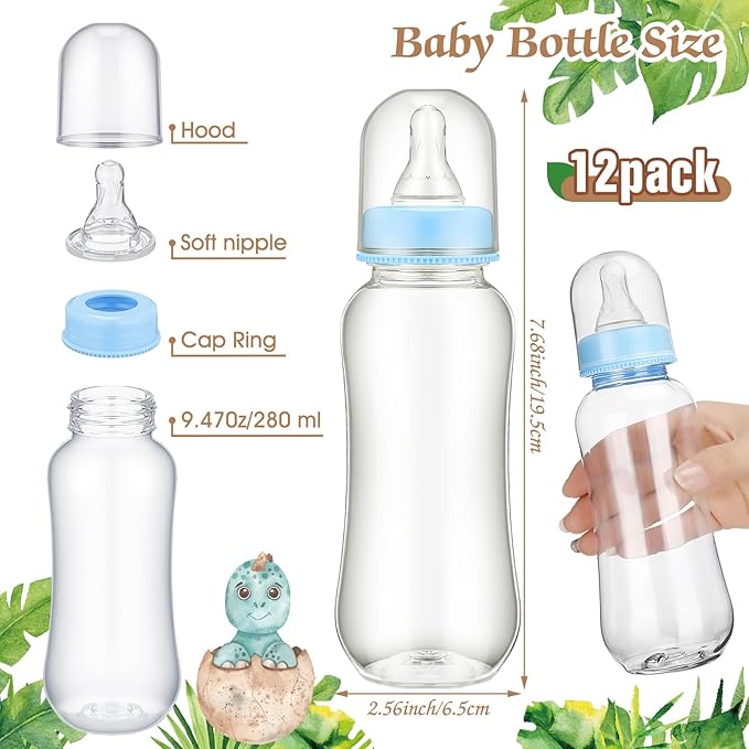 TrelaCo Dinosaur Cool Baby Shower Games Bottle Chug Sign Wooden Green Leaf Gift Sets Gender Reveal Party Supplies and 12 Pcs Baby Bottle Shower Favor for Game Gender Reveal