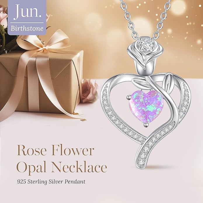 LOUISA SECRET Rose Flower Heart Birthstone Necklaces for Women, 925 Sterling Silver Fine Jewelry, Pendant Heart Necklaces Birthday Anniversary Christmas Gift for Women Wife Mom Girlfriend Lady
