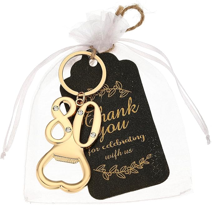 24 pcs 80th Gold Keychain Bottle Opener Birthday Party Favors for Guests,80th Beer Bottle Opener Favors Bulk for Birthday Anniversary Souvenirs Party Decor Supplies (Gold 80th)