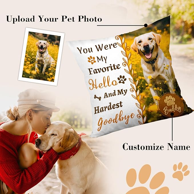 Personalized Memorial Throw Pillow with Photo (Insert Included), Sympathy Gift for Pet Loss, Customized Pillow Pets for Dog Owners (Yellow)