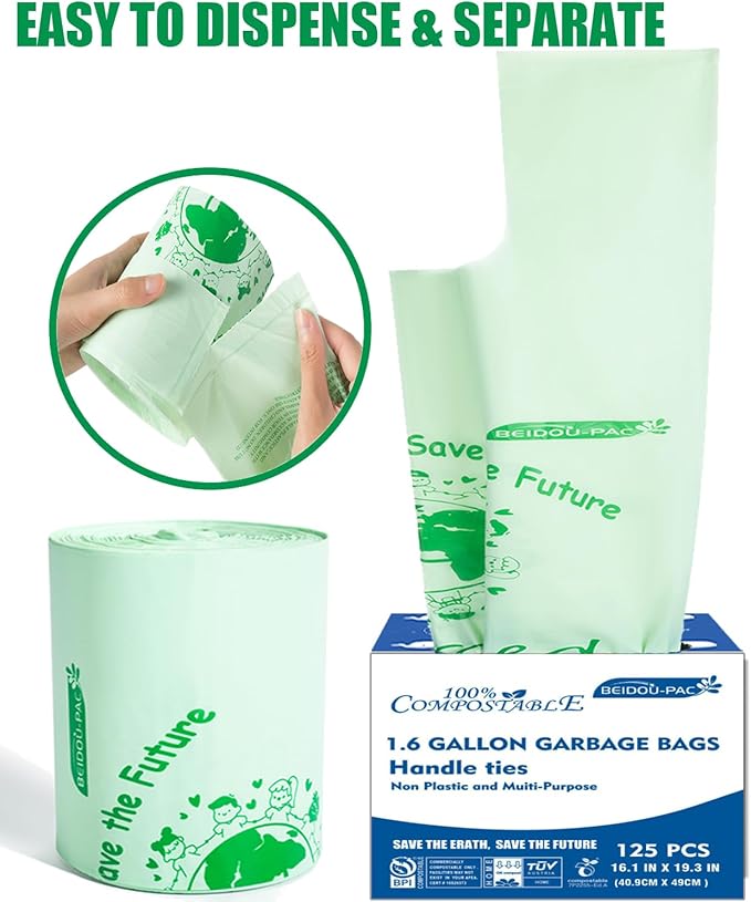 BEIDOU-PAC 1.6 Gallon Compostable Trash Bags with Handle, 125 Count Small Compost Bags, Biodegradable Kitchen Garbage Bags, Food Scrap Waste Bags for Countertop Bin, ASTM D6400, US BPI Certified