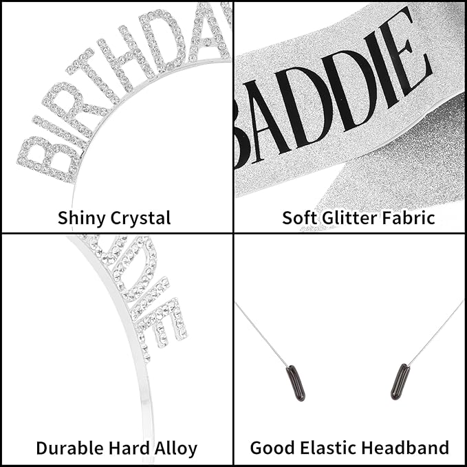 Aprince Birthday Baddie Sash and Tiara Crown for Women Girls Silver Happy Birthday Headband Accessiores Party Decorations