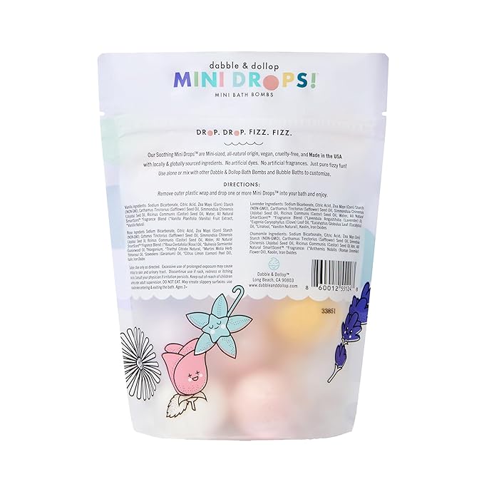 Dabble & Dollop Mini Bath Bombs, 100% Natural Droplets for Kids, Soothing Scents - Resealable Pouches, Fizzy, Moisturizing & Fun, Vegan, Gluten-Free, Cruelty-Free (Set of 24)