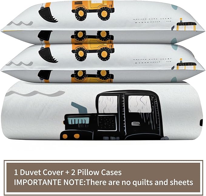Cartoon Construction Vehicles Duvet Cover King Size Excavator Bulldozer Bedding Set Children's Cartoon Cars Comforter Set Colorful Engineering Comforter Cover with Zipper Ties for Bedroom