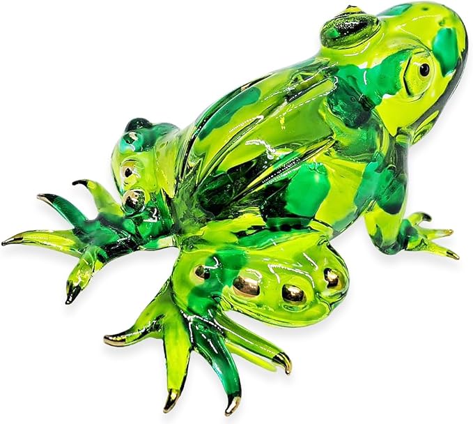 WitnyStore Tiny 3⅝" Green Patched Frog Figurine - Miniature Hand Blown Painted Glass Poison Dart Frogs Toad Amphibian Animals Colorful Small Crystal Replica Decorative Collectible Figures Décor Gifts
