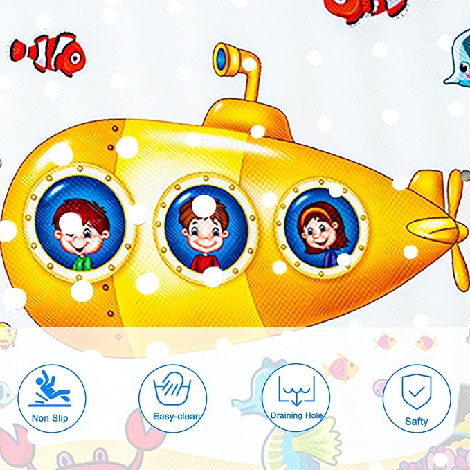 Kids Bath Mat with Ocean Theme Design, 40x16 inches, Non-Slip with 200 Suction Cups, Cartoon Sea Animals Pattern (Whale + Submarine, 40 * 16in)