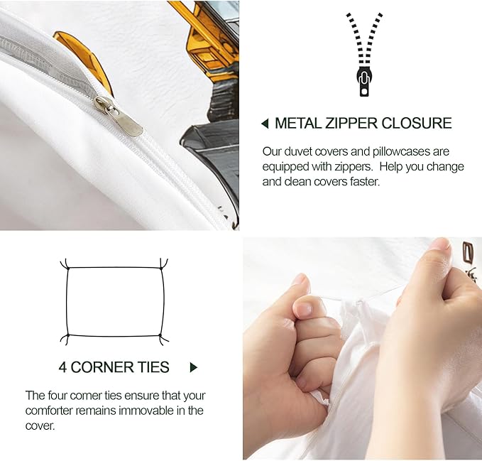 Construction Vehicles Duvet Cover Twin Size Tractor Excavator Dump Truck Bedding Set Boys’ Construction Vehicle Comforter Set Cartoon Mechanical Car Comforter Cover With Pillowcases for Bedroom