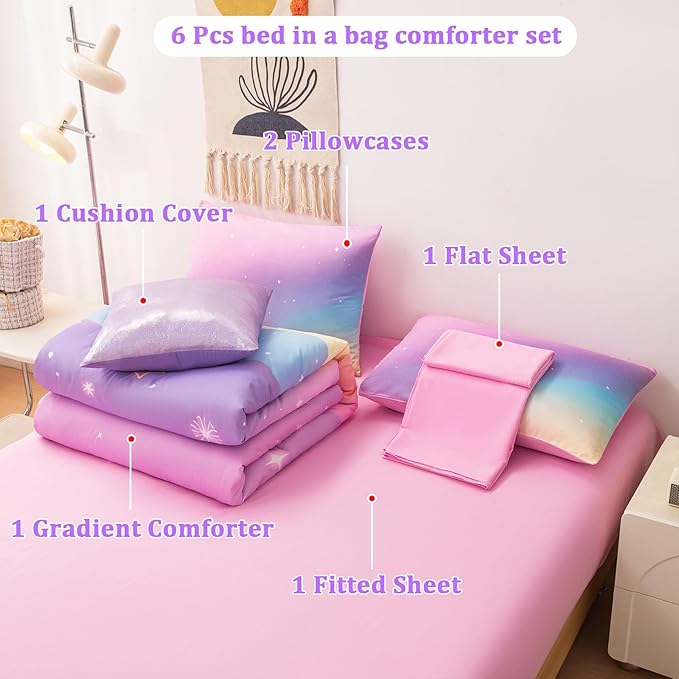 Rainbow Bedding Set Twin Size – 6-Piece Reversible Girls Comforter with Deep-Pocket Sheet, Gradient Galaxy Design, Whole-Piece Filling, Machine Washable Bed-in-a-Bag for Kids Room Makeover & Gifts