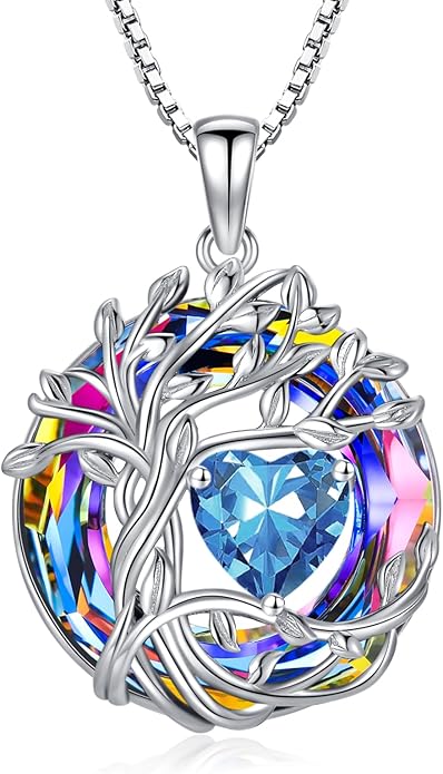 TOUPOP Tree of Life Birthstone Necklace 925 Sterling Silver Pendant Austrian Crystal Jewelry Anniversary Valentine's Day Birthday Gifts for Women Mom Her Wife