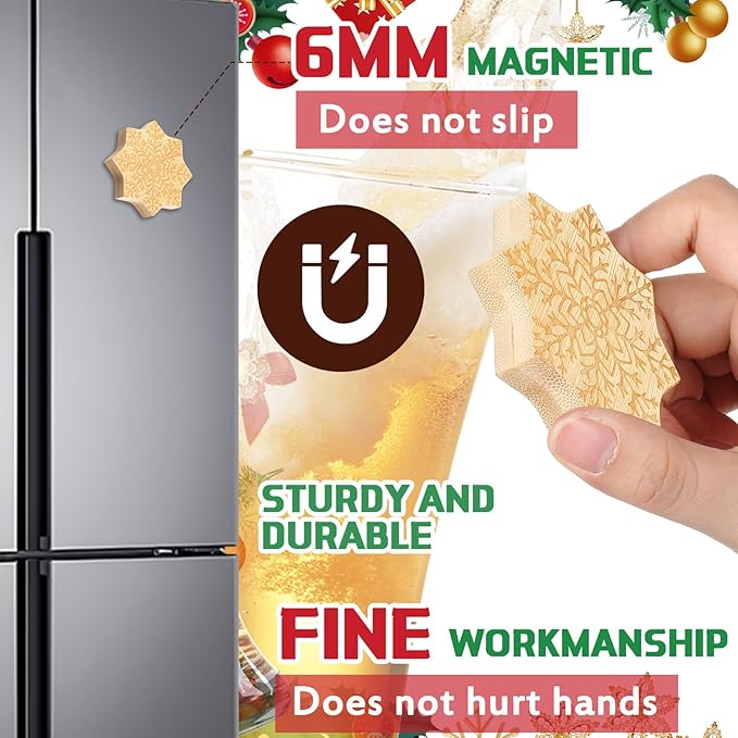 Vesici 12 Pcs Magnetic Bottle Opener 2.5in DIY Bamboo Snowflake Shape Beer Openers Wooden Fridge Magnet Refrigerator Sticker Gift for Beer Lover Wedding Guest Kitchens Bars Parties