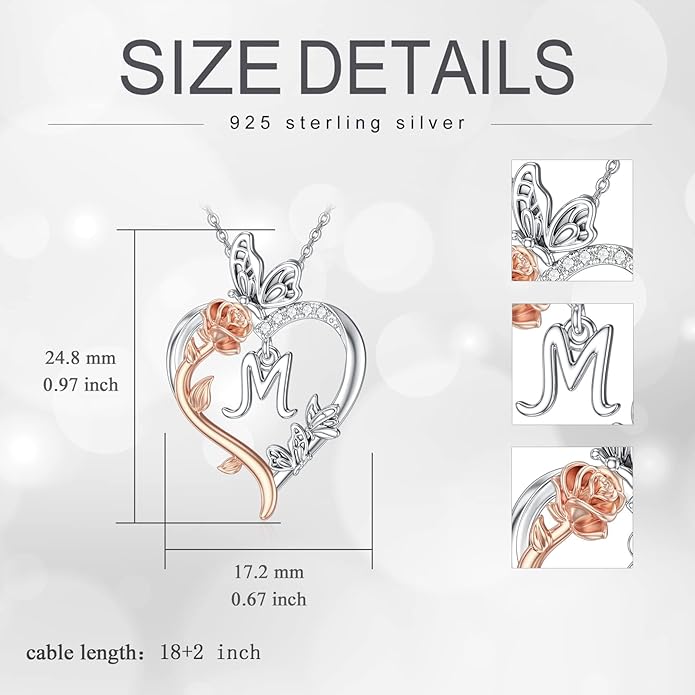 TOUPOP Rose Heart Necklaces Gifts for Women 925 Sterling Silver Butterfly Heart Initial Necklace Anniversary Valentines Day Birthday Jewelry Gifts for Mom Her Wife Girlfriend Daughter