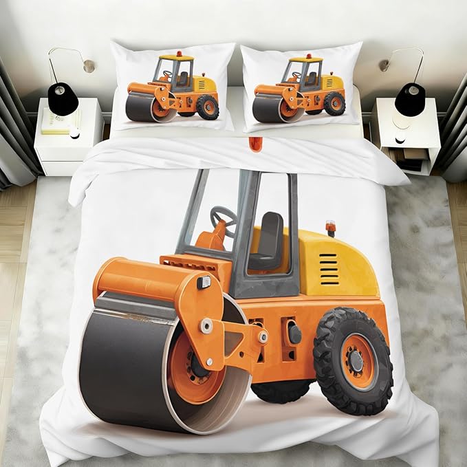 Cartoon Road Roller Bedding Set Oversized King Construction Vehicle Duvet Cover Orange Engineering Truck Comforter Cover Cartoon Children's Bed Set with Pillowcases for Bedroom