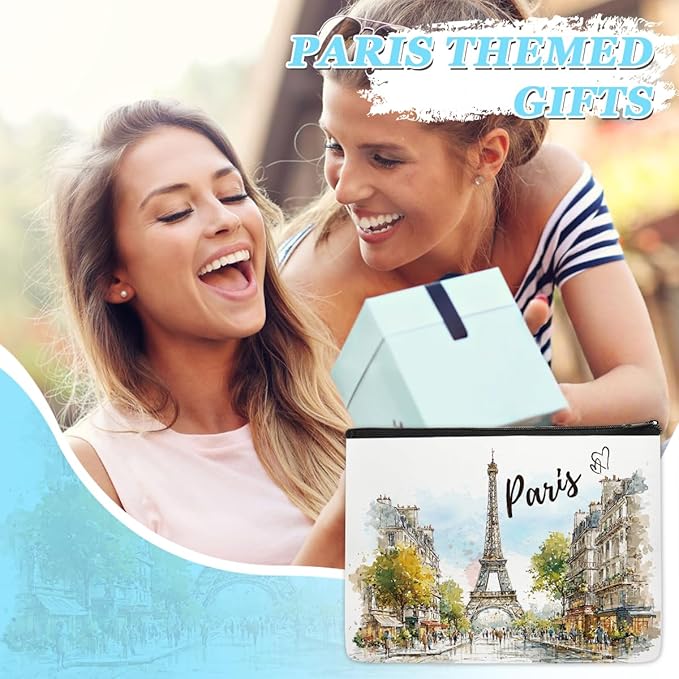 Paris Makeup Bag Gifts for Women – Paris Souvenirs From France Travel Essentials Watercolor Cosmetic Bag with Eiffel Tower Design, Travel Pouch for Girl Toiletries Souvenir Organizer