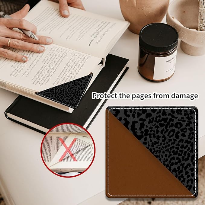 Cute Leather Bookmarks, Fun Triangle Making Corner Bookmark, Book Accessories for Reading Book Lovers, Unbreakable Page Markers for Women Men Luxury Black Leopard