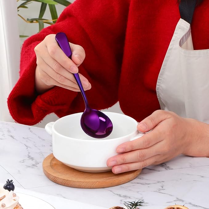 Buyer Star 8 Pieces Stainless Steel Round Soup Spoon, 6.3 Inch Mirror Polished Spoon Cutlery, Dishwasher Safe (Purple)