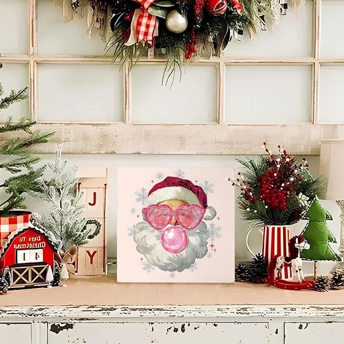 Mtrgdn Pink Retro Santa Christmas Wooden Box Signs,Pink Christmas Sign,Santa Clause Christmas Decor,Christmas Table Decor,Xmas Decor Christmas Birthday Gifts for Women 5x5