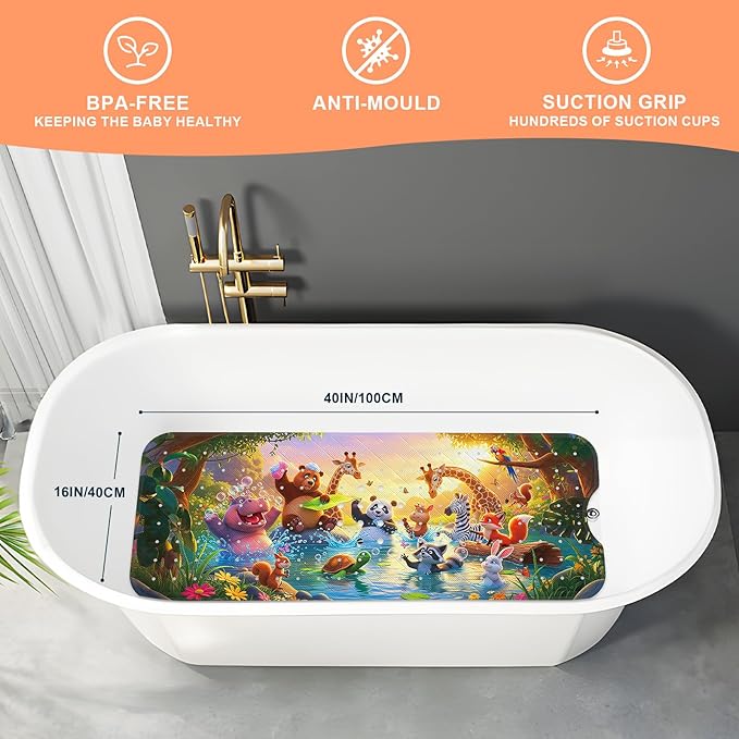 XIYUNTE Upgrade Baby Bath Mat Non Slip - 40"x16" Extra Long Kids Bath Mat for Tub Non Slip Bathtub Mat Eco-Friendly Toddler Bath Mats with Suction Cups, Machine Washable and No Fading, Animal Dusk