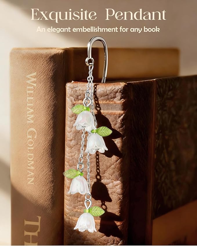 Buleens Bookmarks for Women Reading - Book Marks for Readers Book Lovers, Cute Sliver Lily Floral Personalized Metal Bookmark with Pendants, Pretty and Aesthetic Book Accessories Reading Gifts