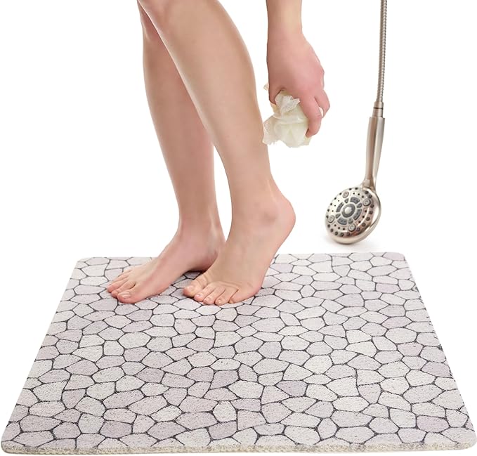 Enkosi Loofah Shower Mat Non-Slip - Anti-Slip Bath Mat for Inside Showers, Tub, Bathtub, Bathroom - Quick Dry PVC with Drain Holes - Cushioned Safety Grip - Secure for Kids and Elderly (Pebble 24x24)