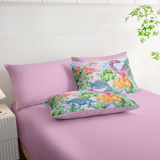 Pastel Dinosaur Comforter Set (7 Piece) - Mermaid Scale Kids Bedding, Pink Blue Purple Dinosaur Quilt Set for Boys Girls, All Season Microfiber Bed Set with Shams, Flat/Fitted Sheet (Twin)