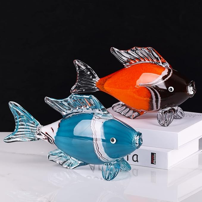 LCCCK Large Glass Fish Statue, Hand Blown Glass Sea Life Figurines, Coastal Decor for Home,Tropical Fish Ornaments Collectible Figurines, Coffee Table, Shelf, Office, Bathroom Decoration Nautical Art