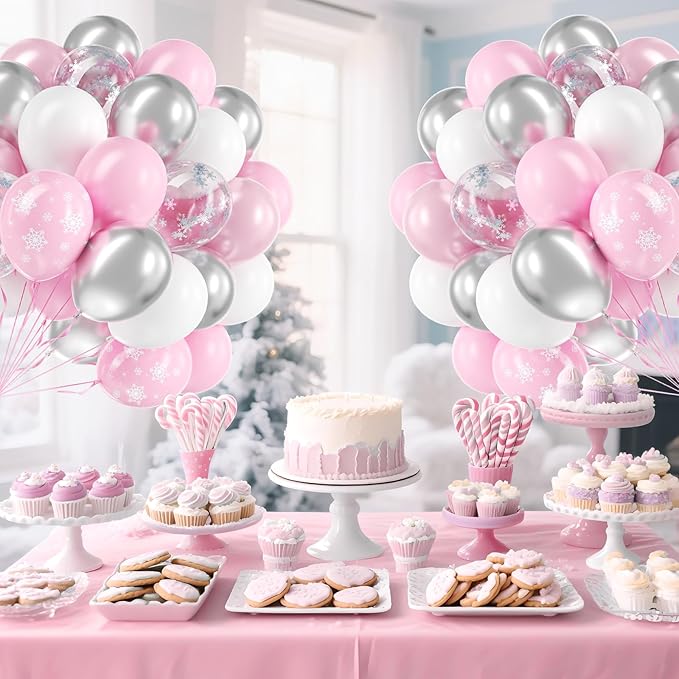 60pcs Snowflake Balloons, Pink and Silver Balloons with Snowflake Confetti Pearl Pink Metallic Silver Balloon for Baby Shower Birthday Party Decorations