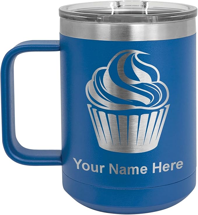 LaserGram 15oz Vacuum Insulated Coffee Mug, Cup Cake, Personalized Engraving Included (Dark Blue)