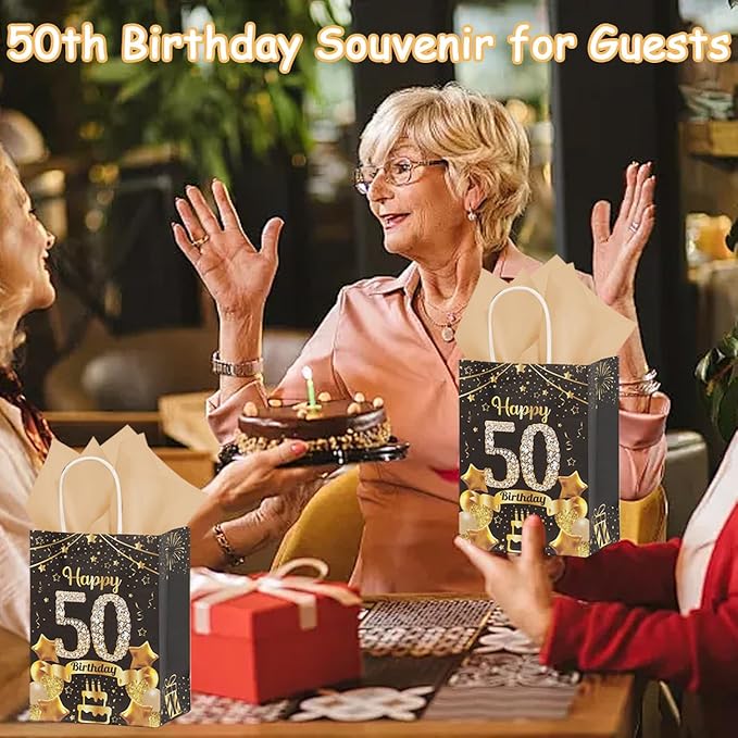 50Pcs 50th Birthday Party Favors Gift Bags Bulk, Black and Gold Happy 50th Gift Candy Wrap Bags with Tissue Paper, Vintage 50th Birthday Decorations Souvenir Bag for Men Women Anniversary Supplies (50th)