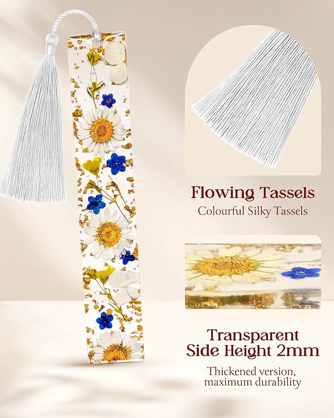 Buleens 2PCS Bookmarks for Women - Yellow Book Marks for Readers Book Lovers, Personalized Handmade Dried Flower Resin Bookmark with Tassels, Pretty and Aesthetic
