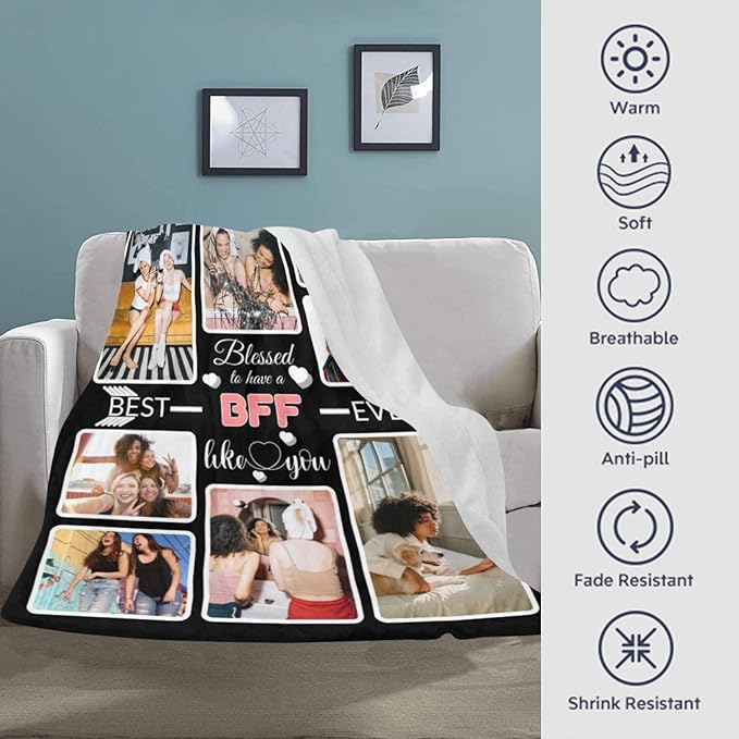 Custom Blanket Gifts for BFF, Customized Blankets with Photos, Make a Personalized Bed Throws to My BFF, Custom Souvenir Throw Blanket for Best BFF Ever, 8 Collages Made in USA
