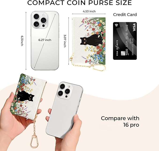 Black Cat Flower Floral Keychain Coin Purse for Women, Small PU Leather Change Pouch, Zipper Little Tiny Travel Wallet for Girls, Cute Kawaii Zip Pocket Coin Holder with Key Ring