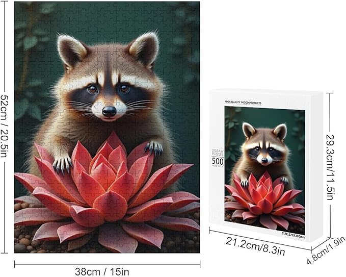 Puzzles for Adults 500 Pieces Wooden Jigsaw Puzzle - Succulent & Cute Raccoon Theme Puzzle，Party Games，Family Toys，Educational Puzzles，Stress Relief Wooden Puzzle，Gifts for Family and Friends