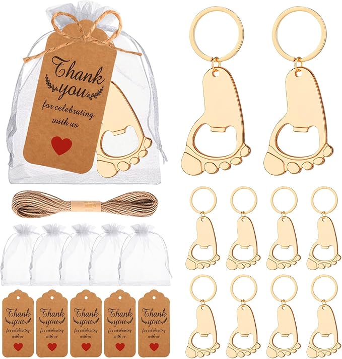 50 Pcs Footprint Keychain Bottle Opener Baby Shower Return Favors For Guests Baby Foot Bottle Opener Gift Baby Shower Party Favors Or Souvenir Guest With Organza Bags And Thank Tags
