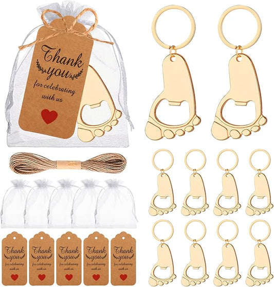 50 Pcs Footprint Keychain Bottle Opener Baby Shower Return Favors For Guests Baby Foot Bottle Opener Gift Baby Shower Party Favors Or Souvenir Guest With Organza Bags And Thank Tags
