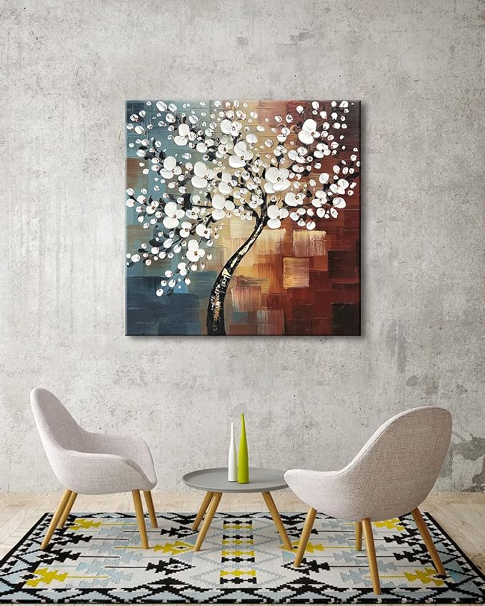 Wieco Art Large Modern Abstract White Flowers Oil Paintings on Canvas Wall Art Morning Glory 100% Hand Painted Floral Gallery Wrapped Artwork for Living Room Bedroom Home Office Decor